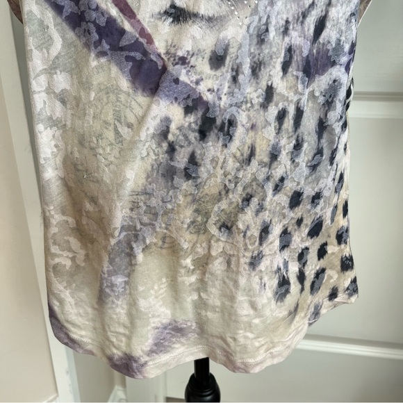 Mandee Short Sleeve Animal Print Rhinestone Sheer Top Cream & Gray Sz L - Picture 6 of 14